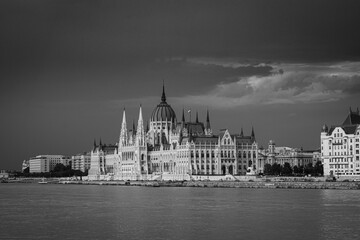 Hungarian parliament building, black and white