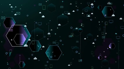 Polygon futuristic social media cloud mail gear smart phone TV laptop computer icon digital paticle motion mark differrent color loop - Powered by Adobe