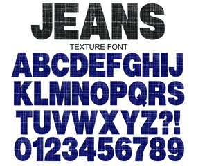 Jeans font vector. Fabric texture font alphabet letters and numbers.
