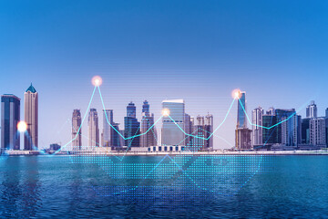 Skyscrapers of Dubai business downtown. International hub of trading and financial services of...