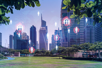 Panoramic view skyscrapers. Modern cityscape of the capital of the Emirate of Dubai. Recruitment...