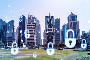 Panoramic view skyscrapers. Modern cityscape of the capital of the Emirate of Dubai. Financial services hub. Information security concept. Lock icon. Double exposure.