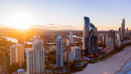 Aerial sunset view over Surfers Paradise beach and skyline
