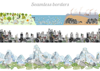 Vector set of seamless borders with plastic garbage and straws on the ocean and mountains.