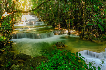 Fototapeta na wymiar Huay Mae Khamin Waterfall, 1st floor, named Dong Wan, located at Srinakarin Dam National Park Kanchanaburi Province, Thailand