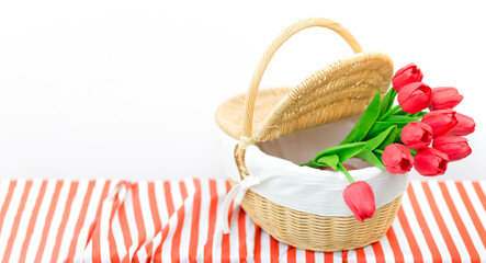 Red Tulips in a wooden basket .