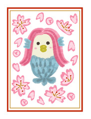 アクリルガッシュ風アマビエのかわいいイラストタグ　桜
