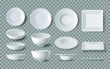 White realistic plates, set of white plates in four angles