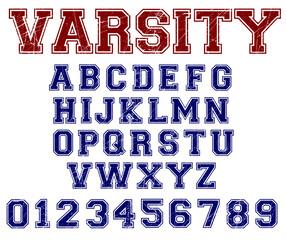 Varsity distressed font vector. Sport font, college alphabet, distressed letters and numbers. Sport design for t shirt.