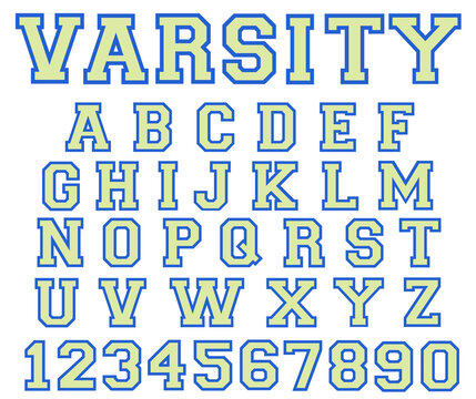 Varsity vintage font vector light blue beige color 2 layers. College font sport alphabet letters and numbers. Sport design for t shirt.