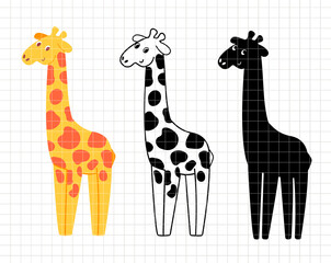 Funny giraffe with spots set. Smiling animal for kids design. Coloring page. Silhouette vector flat illustration. Cutting file. Suitable for cutting software. Cricut, Silhouette