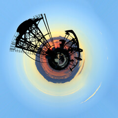 A 360-degree view of the oil field at night, oil pumps at night, in the evening, oil pumps are running, 360-degree panorama