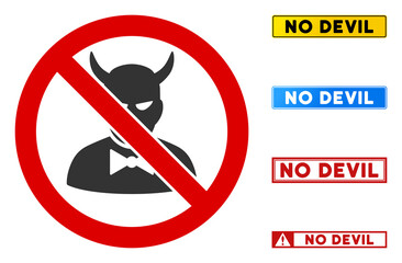 No Devil sign with phrases in rectangular frames. Illustration style is a flat iconic symbol inside red crossed circle on a white background. Simple No Devil vector sign, designed for rules,