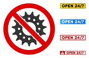 No Gear Wheel sign with messages in rectangle frames. Illustration style is a flat iconic symbol inside red crossed circle on a white background. Simple No Gear Wheel vector sign, designed for rules,