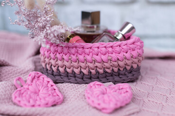 festive decor knitted heart-shaped box filled with perfume