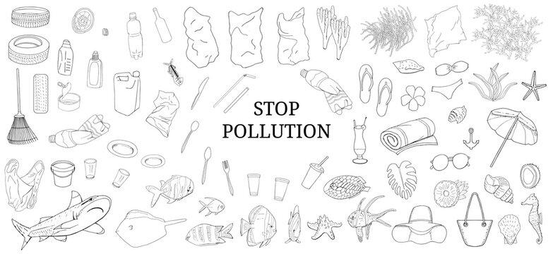 Hand drawn outline. Vector set of garbage, plastic straws, bag, plastic utensils, starfish, beach accessories.