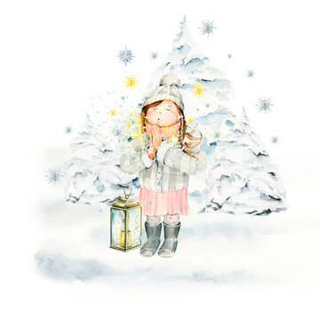 Watercolor winter landscape of snowfall, fir tree. Hand painted christmas magic, baby girl, lantern, christmas lights, snowflake. illustration for design, print, background