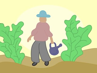 illustration of a person gardening, bring a sprinkler. Modern flat image designs for backgrounds, wallpapers, web, printing