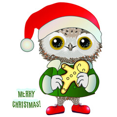 free owl in Santa hat holding gingerbread man in hands, emoji on white isolated background with inscription Merry Christmas