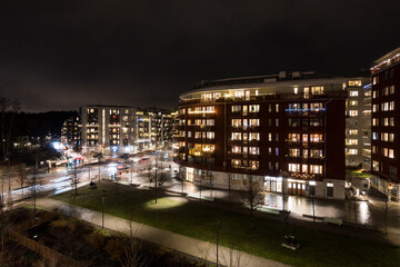 Fototapeta na wymiar Stockholm, Sweden An apartment complex at night in Norra Djurgardsstaden.