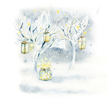 Watercolor winter landscape of snowfall, tree. Hand painted christmas magic lantern, christmas lights, stars, snowflake. illustration for design, print, background