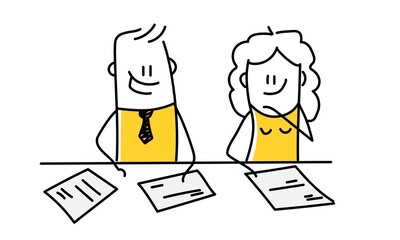 Team meeting and teamwork concept, discussion of the project. Cute stick figures and papers on the table.