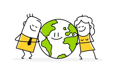 Two cute stick figures affectionately hug a planet earth that smiles.