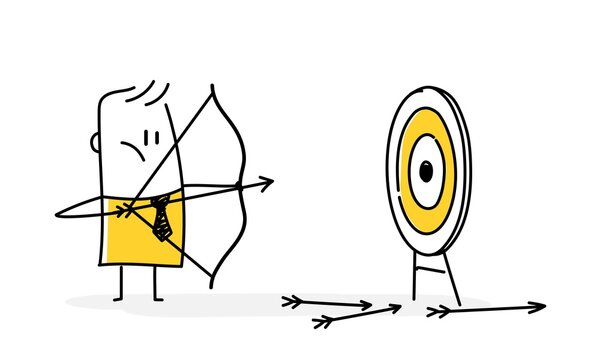 Stickman shoots an arrow at a target with a bow and misses. Business concept of failure.