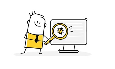 Stickman with a magnifier. Website programming and coding. Bug finding and fixing, debugging, web development, software testing metaphor.
