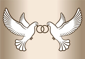 Two white doves. 
Stylized pigeons and wedding rings. Vector illustration.