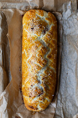Vegetarian beetroot and butternut squash pie in rough puff pastry