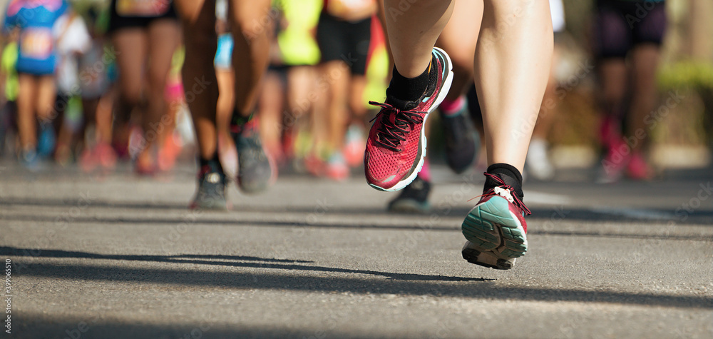 Poster Marathon running race, runners feet on road, sport, fitness and healthy lifestyle concept