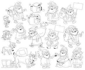 New Year. Christmas. Big set with cute Santa. Coloring page. Illustration for children. Cute and funny cartoon characters