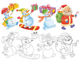 New Year. Christmas. Set of cute snowmen. Coloring page. Illustration for children. Cute and funny cartoon characters