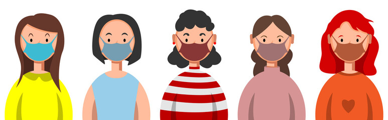 Different women in masks. People in medical masks, virus protection.