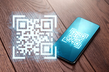 QR code and smartphone, new technologies. Electronic digital technologies scanning, barcode.