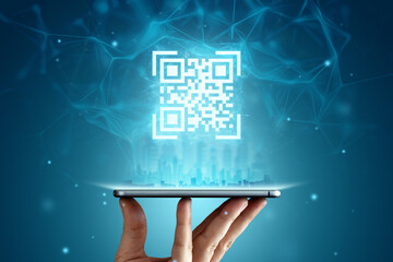 QR code and smartphone, new technologies. Electronic digital technologies scanning, barcode.