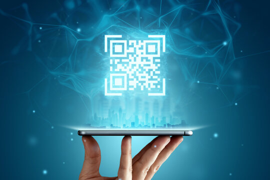 QR code and smartphone, new technologies. Electronic digital technologies scanning, barcode. - Powered by Adobe