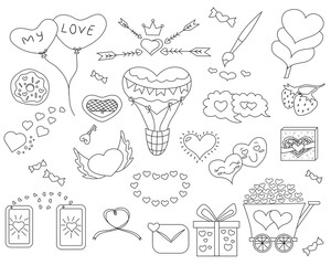 Valentines Day design outline set with hand drawn elements. Vector illustration on white background.