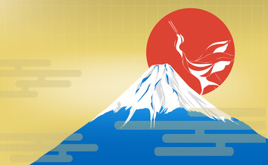 黄金の空に縁起のいい日の出と白い鶴をうつす富士山のイラスト - obrazy, fototapety, plakaty