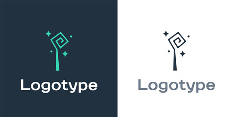 Logotype Magic staff icon isolated on white background. Magic wand, scepter, stick, rod. Logo design template element. Vector.