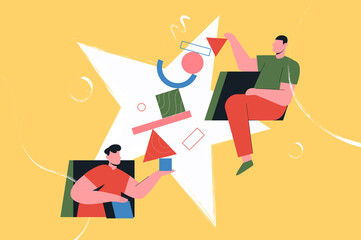 People team collect puzzle vector illustration. Cartoon man characters carry and arrange puzzle together, holding pieces of different geometric shape, success collaboration teamwork concept background