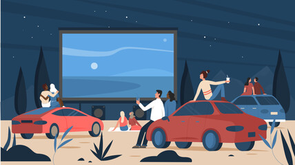 People in open air car cinema theater vector illustration. Cartoon cars on parking, driver characters sitting, watching film on big screen of auto drive movie event at night, cinematography background