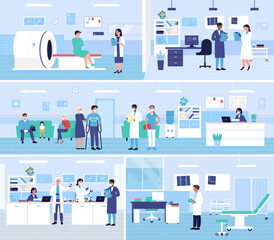Healthcare medicine service, hospital office departments interior vector illustration set. Cartoon doctors meeting with patient characters,working in medical laboratory, making mri scan background
