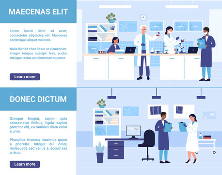 Hospital doctors people work in medical laboratory vector illustration set. Cartoon man woman doctor, nurse characters working with lab test tubes, analyzing bone scan, medicine healthcare background