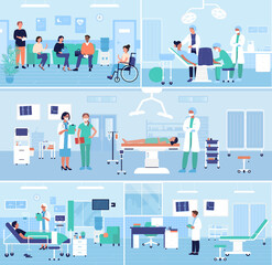 Hospital healthcare medical office interior vector illustration set. Cartoon people outpatients waiting doctor exam in reception, hospitalized patients lying in surgical ward bed or surgery operating - obrazy, fototapety, plakaty