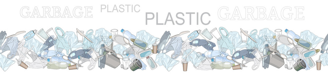Different kinds of plastic garbage. Seamless pattern brush. The concept of ecology and the World Cleanup Day.