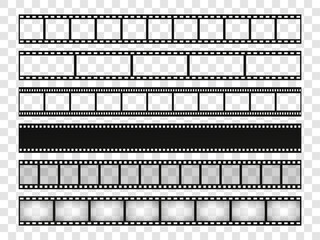 Film strip set. Blank stripes cinema on transparent background. Vector templates.