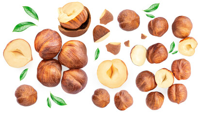 Hazelnuts with  green leaves isolated  on a white background. Creative food layout. Pattern with hazelnuts. Flat lay