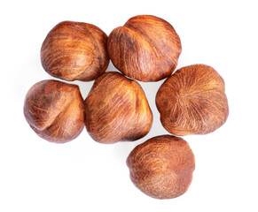 Hazelnuts isolated on white background. Hazelnuts Top view. Flat lay.